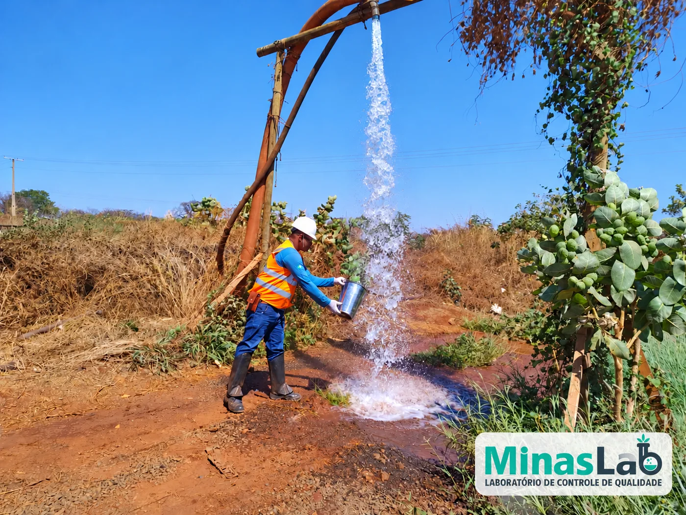 Profissional da MinasLab realizando coleta de água em ponto de captação
