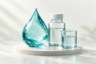 Ilustração 3D de gota de água, frasco de amostra e béquer