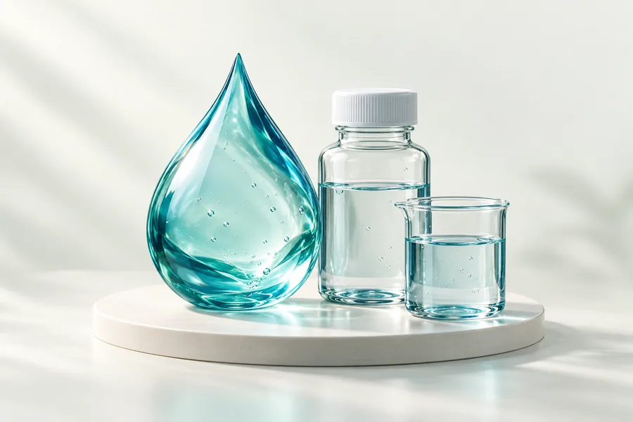 Ilustração 3D de gota de água, frasco de amostra e béquer