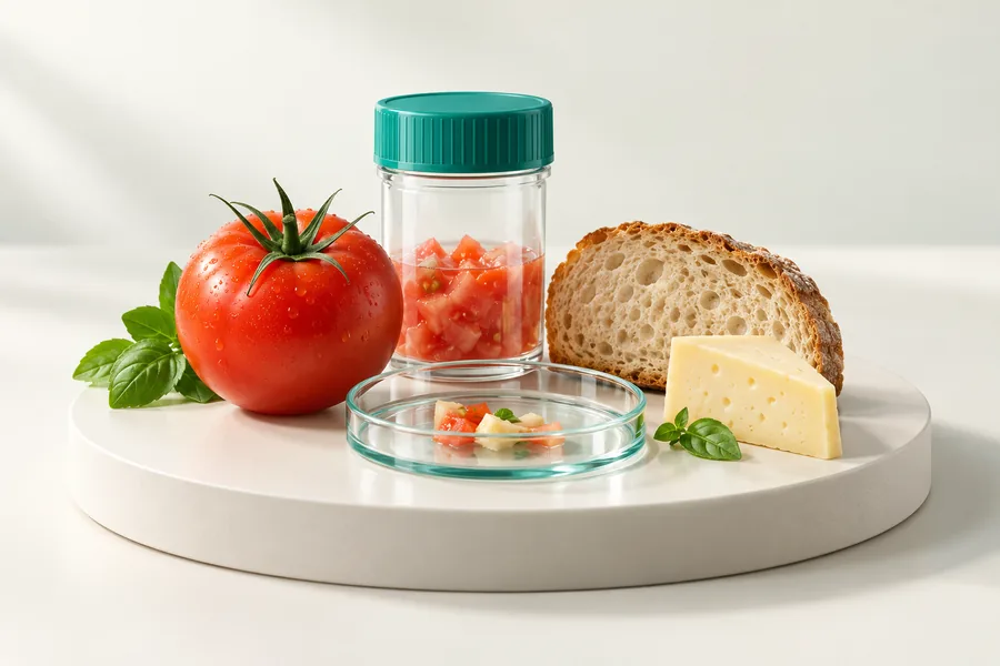 Ilustração 3D de alimentos, recipiente de amostra e placa de laboratório