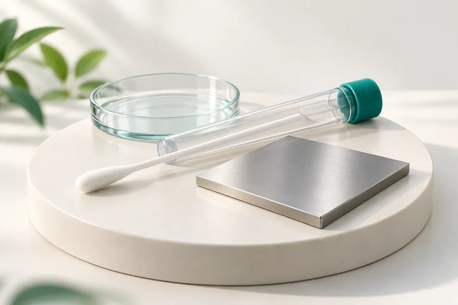 Ilustração 3D de swab, tubo de transporte e superfície de aço